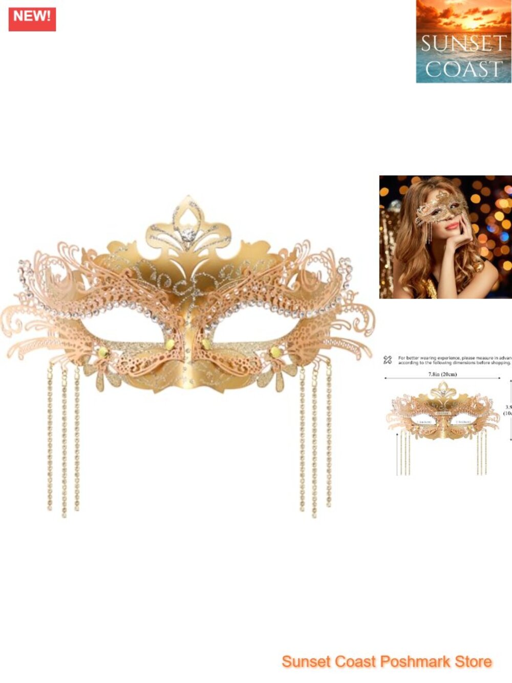 Women Masquerade Mask Rhinestone Chains Venetian Mardi Gras Costume Party
